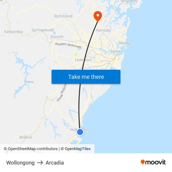 Wollongong to Arcadia map