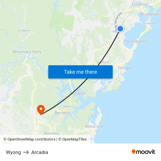 Wyong to Arcadia map