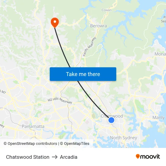 Chatswood Station to Arcadia map