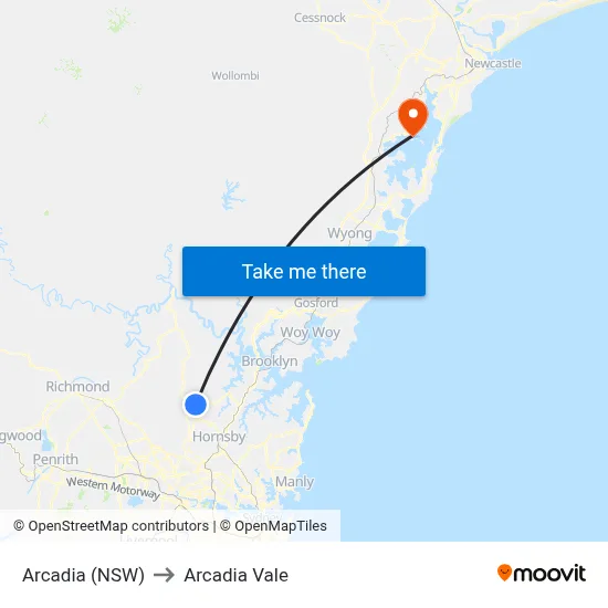 Arcadia (NSW) to Arcadia Vale map