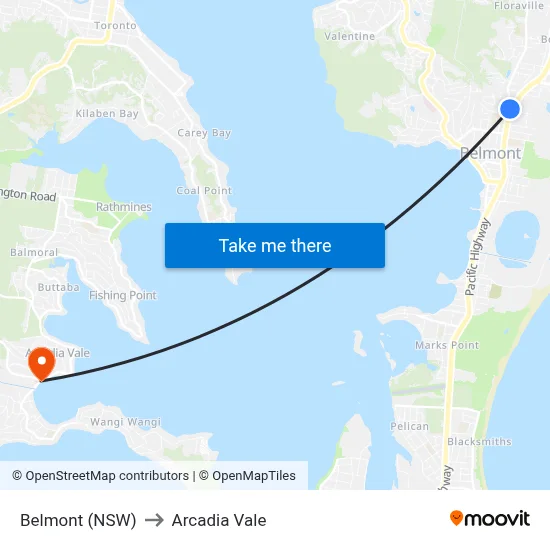 Belmont (NSW) to Arcadia Vale map