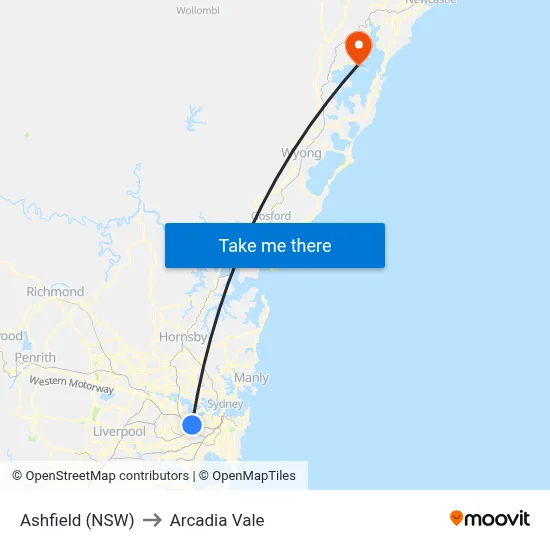 Ashfield (NSW) to Arcadia Vale map