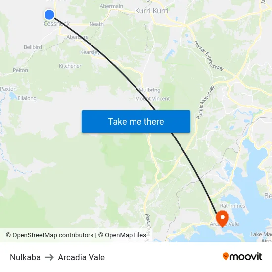 Nulkaba to Arcadia Vale map