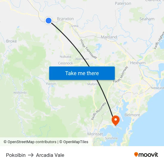 Pokolbin to Arcadia Vale map