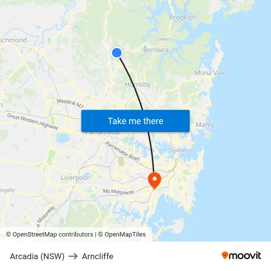 Arcadia (NSW) to Arncliffe map