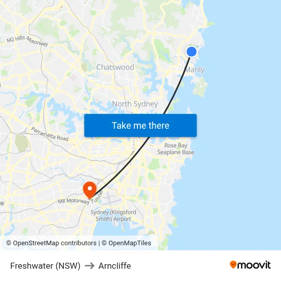 Freshwater (NSW) to Arncliffe map