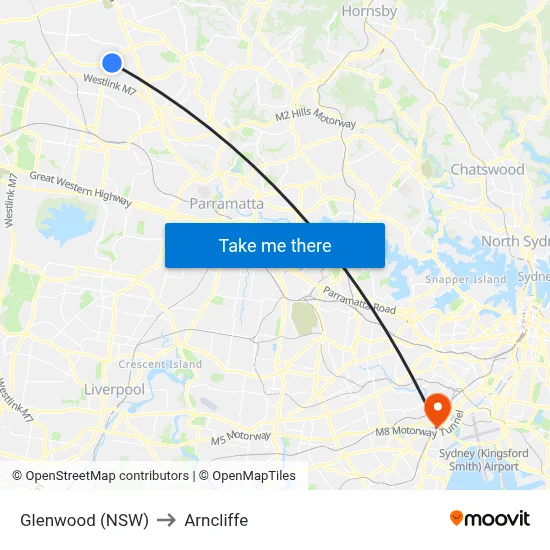 Glenwood (NSW) to Arncliffe map