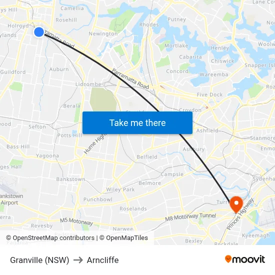 Granville (NSW) to Arncliffe map