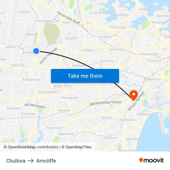 Chullora to Arncliffe map