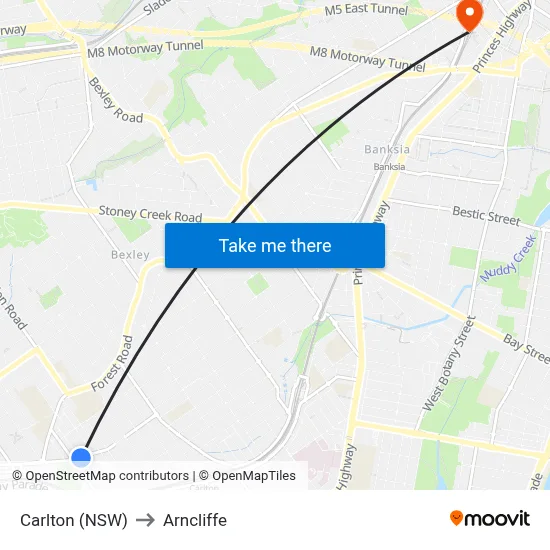 Carlton (NSW) to Arncliffe map