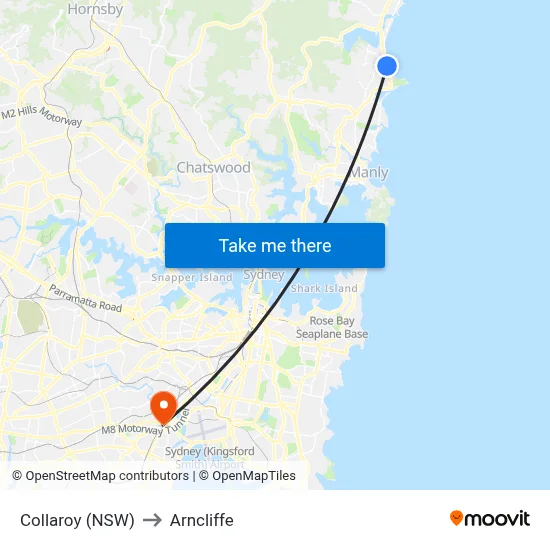 Collaroy (NSW) to Arncliffe map