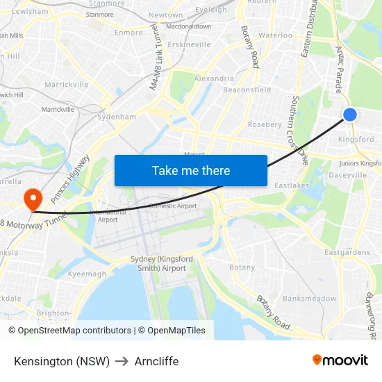 Kensington (NSW) to Arncliffe map