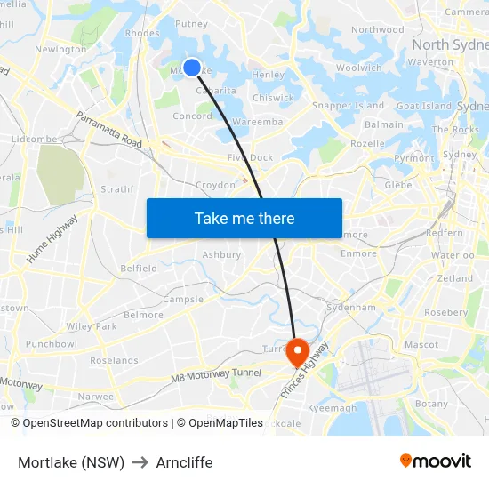 Mortlake (NSW) to Arncliffe map