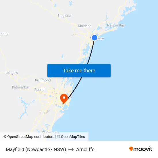 Mayfield (Newcastle - NSW) to Arncliffe map