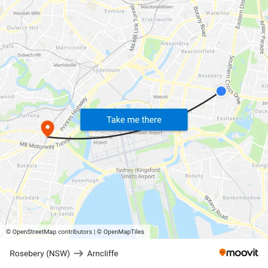 Rosebery (NSW) to Arncliffe map