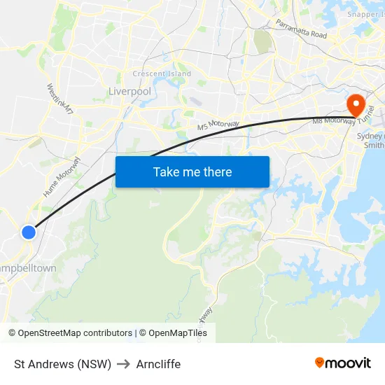 St Andrews (NSW) to Arncliffe map