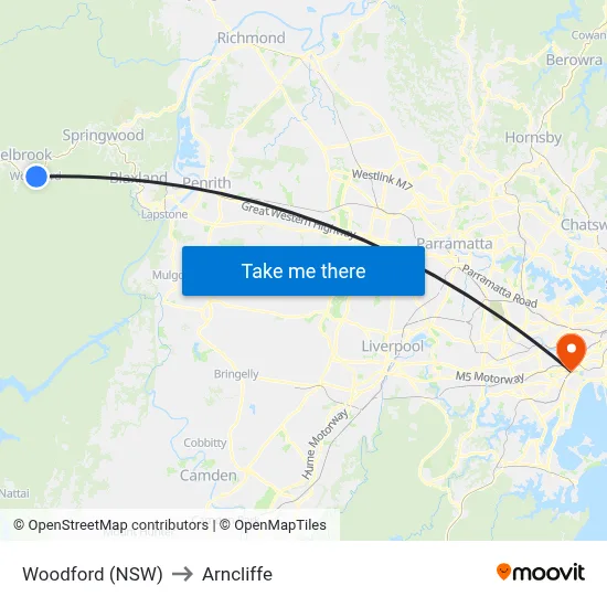 Woodford (NSW) to Arncliffe map