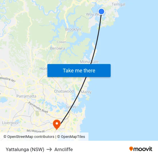 Yattalunga (NSW) to Arncliffe map
