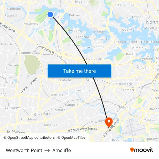 Wentworth Point to Arncliffe map