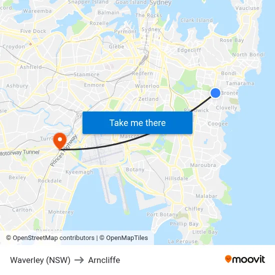 Waverley (NSW) to Arncliffe map