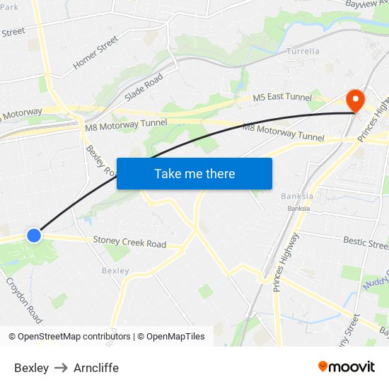 Bexley to Arncliffe map