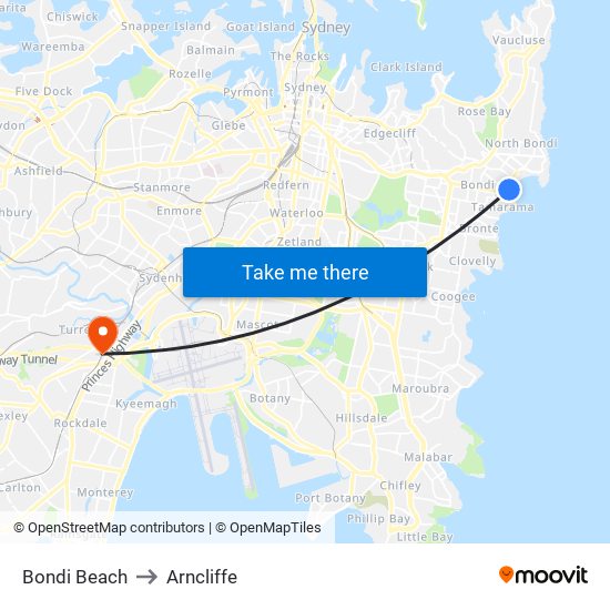 Bondi Beach to Arncliffe map