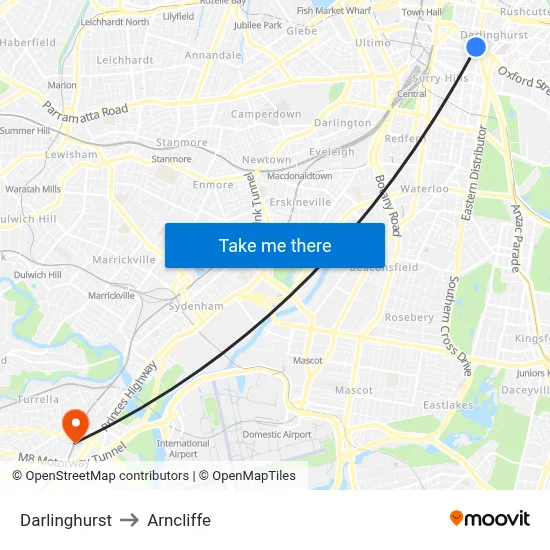 Darlinghurst to Arncliffe map