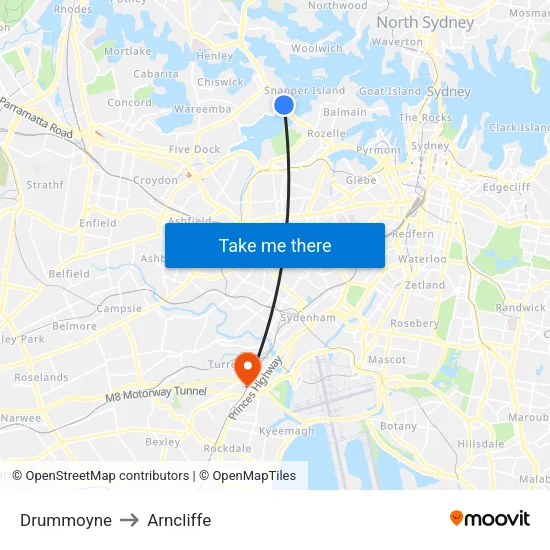 Drummoyne to Arncliffe map