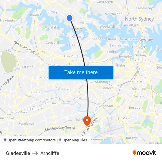 Gladesville to Arncliffe map