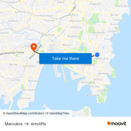 Maroubra to Arncliffe map