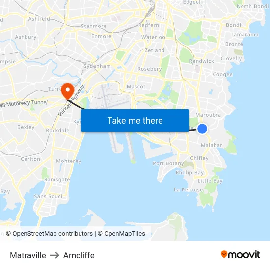 Matraville to Arncliffe map