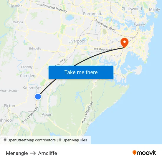 Menangle to Arncliffe map