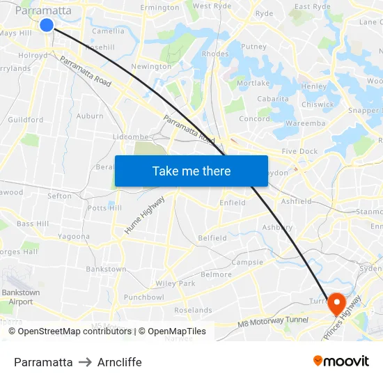 Parramatta to Arncliffe map