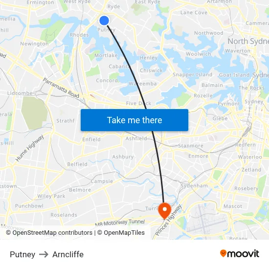 Putney to Arncliffe map