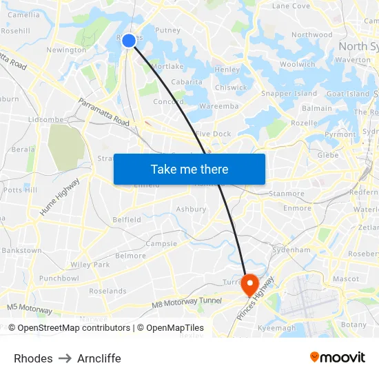Rhodes to Arncliffe map