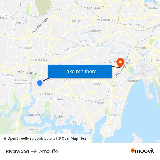 Riverwood to Arncliffe map
