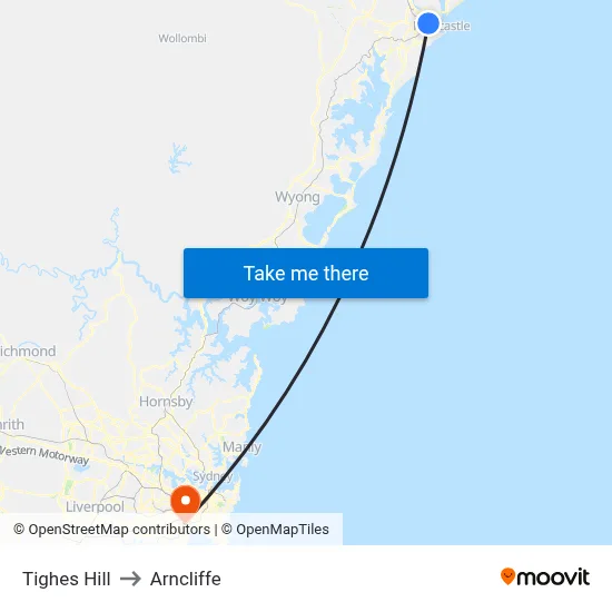 Tighes Hill to Arncliffe map