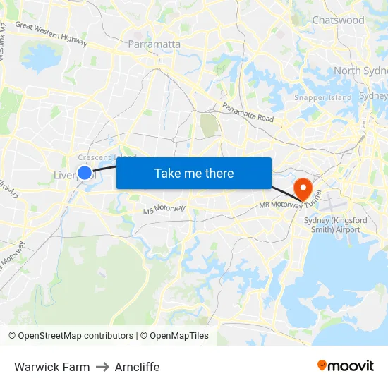 Warwick Farm to Arncliffe map