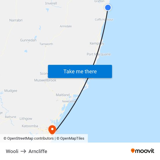 Wooli to Arncliffe map