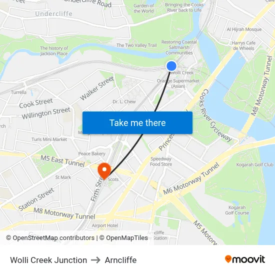 Wolli Creek Junction to Arncliffe map