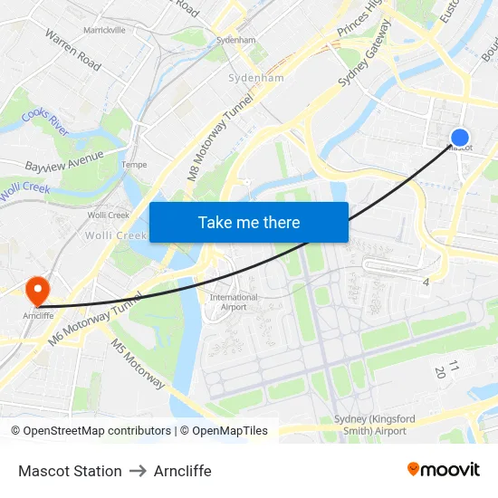 Mascot Station to Arncliffe map