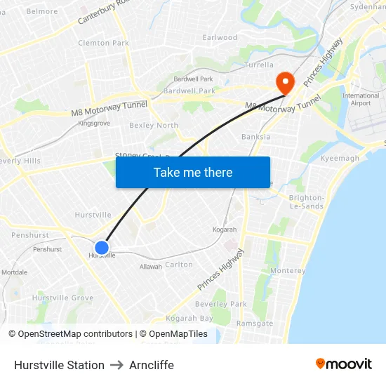 Hurstville Station to Arncliffe map