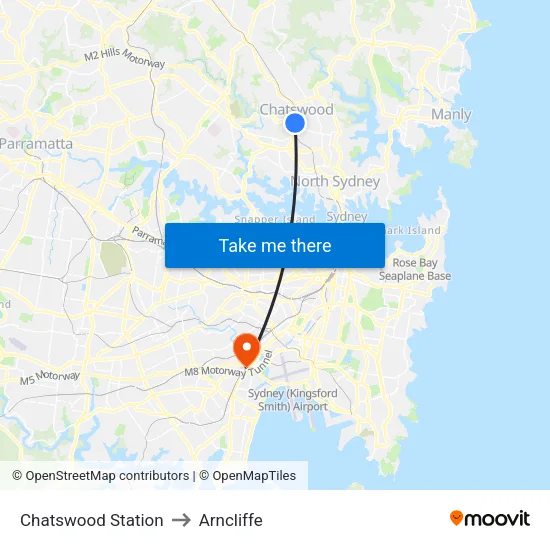 Chatswood Station to Arncliffe map