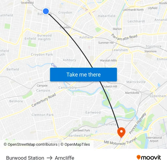 Burwood Station to Arncliffe map