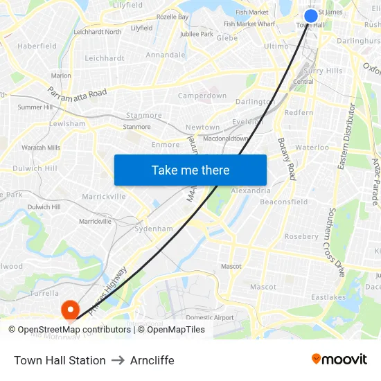 Town Hall Station to Arncliffe map