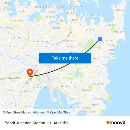 Bondi Junction Station to Arncliffe map
