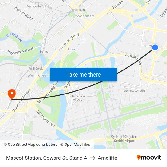 Mascot Station, Coward St, Stand A to Arncliffe map