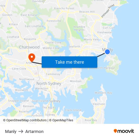 Manly to Artarmon map