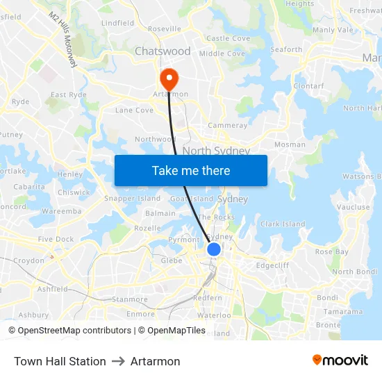 Town Hall Station to Artarmon map