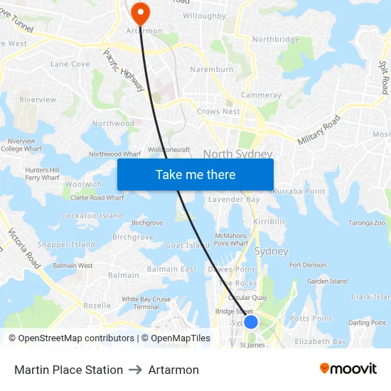 Martin Place Station to Artarmon map